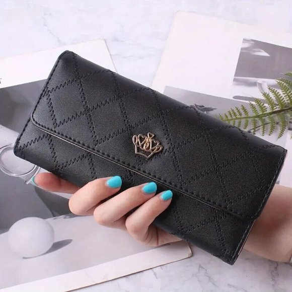 Classic Crown Decor Long Black Wallet, Flap Coin Purse NEW